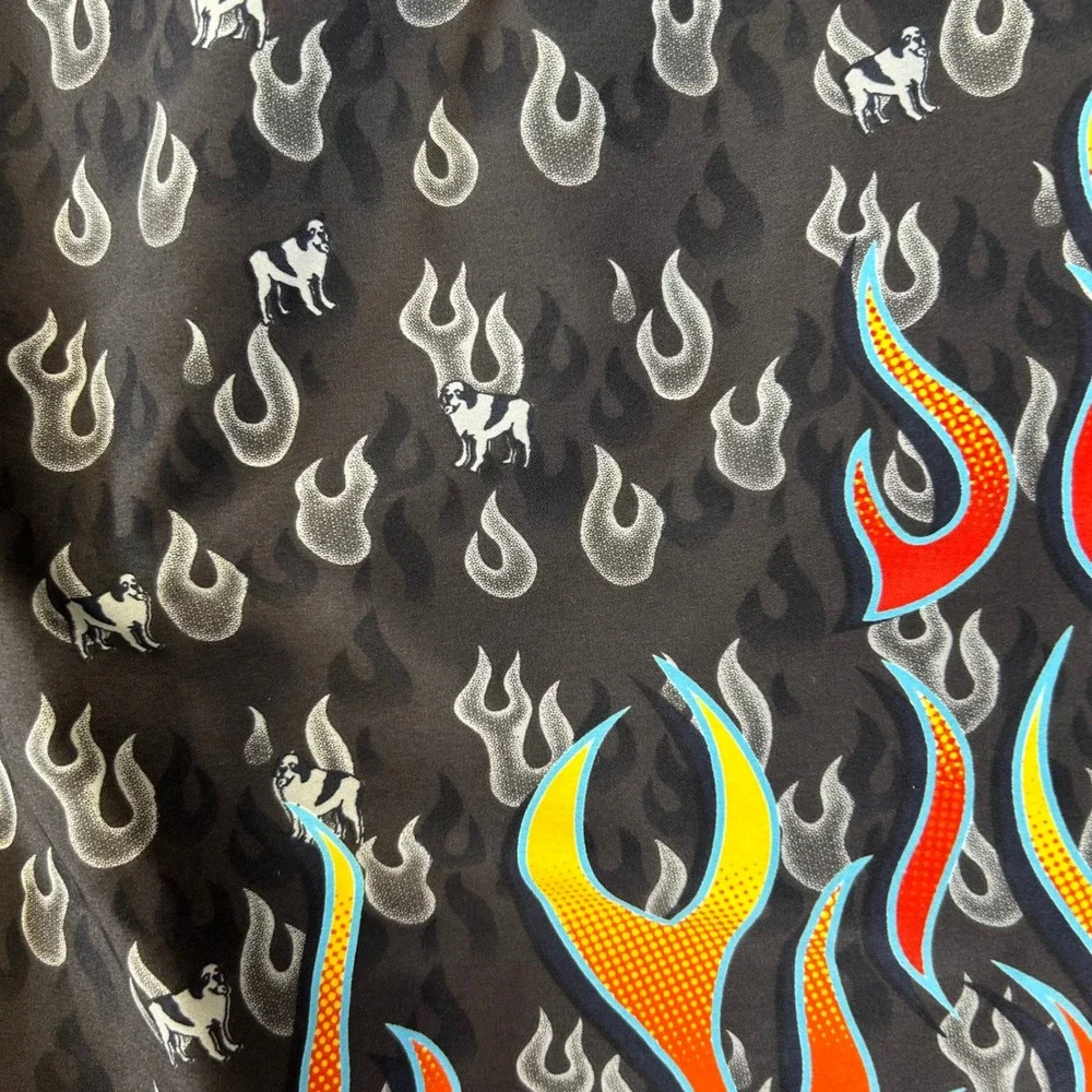 Big Dogs Mens Flame Print Swim Trunks XL Grey Red Fire Logo Board Shorts Y2K